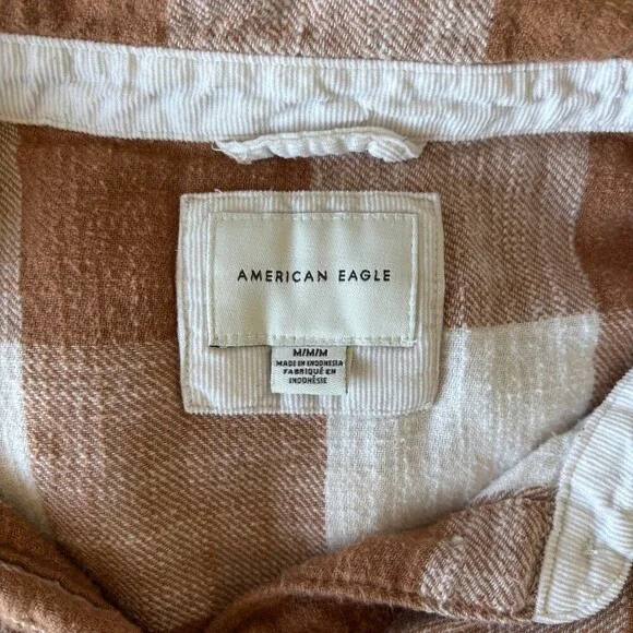 American Eagle Women's Medium Flannel Button Up Brown White Oversized Cozy Fall - Picture 7 of 10